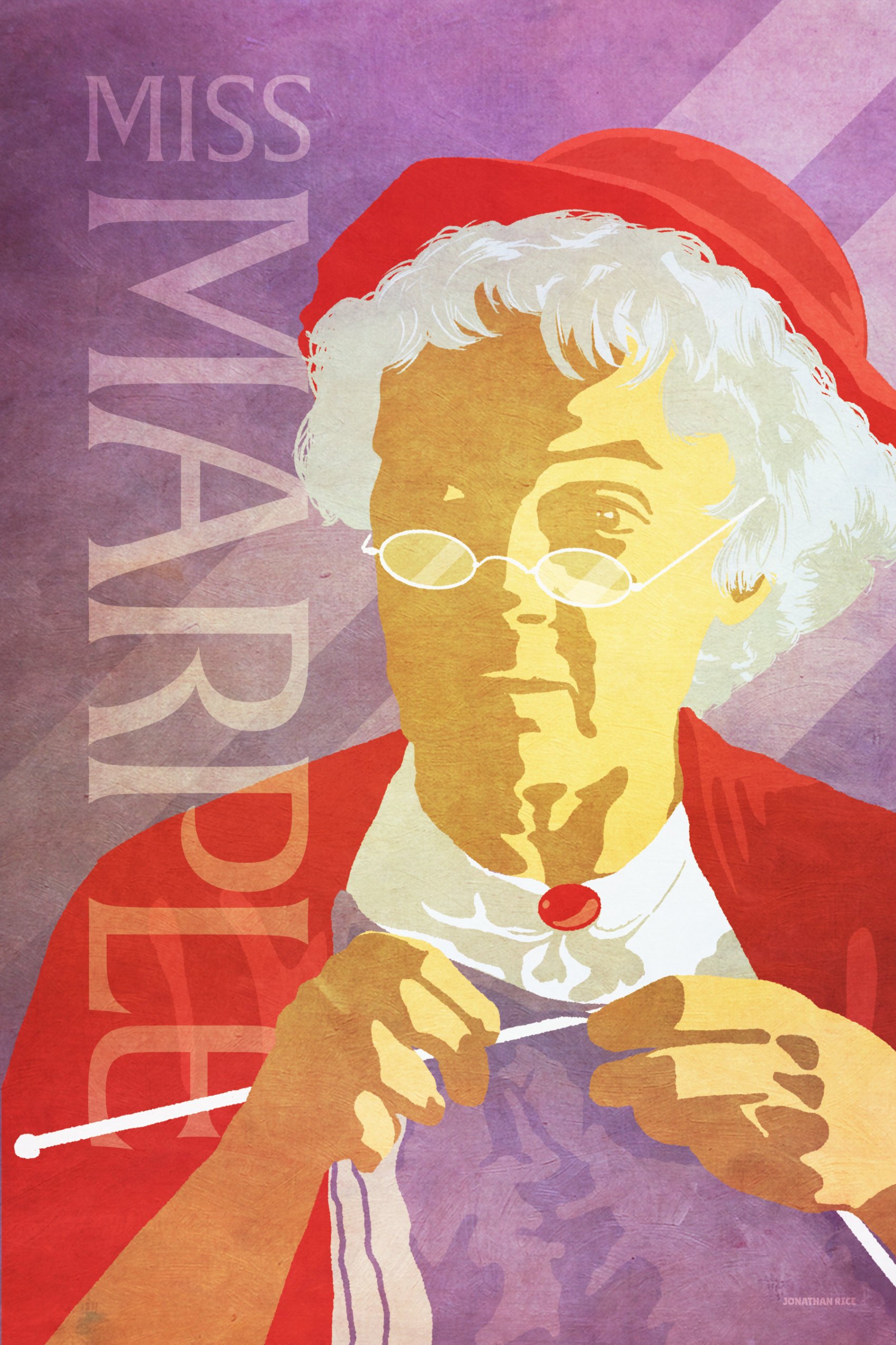 Illustrated portrait of Miss Marple as portrayed by Geraldine McEwan, classic British detective character in textured vintage poster style