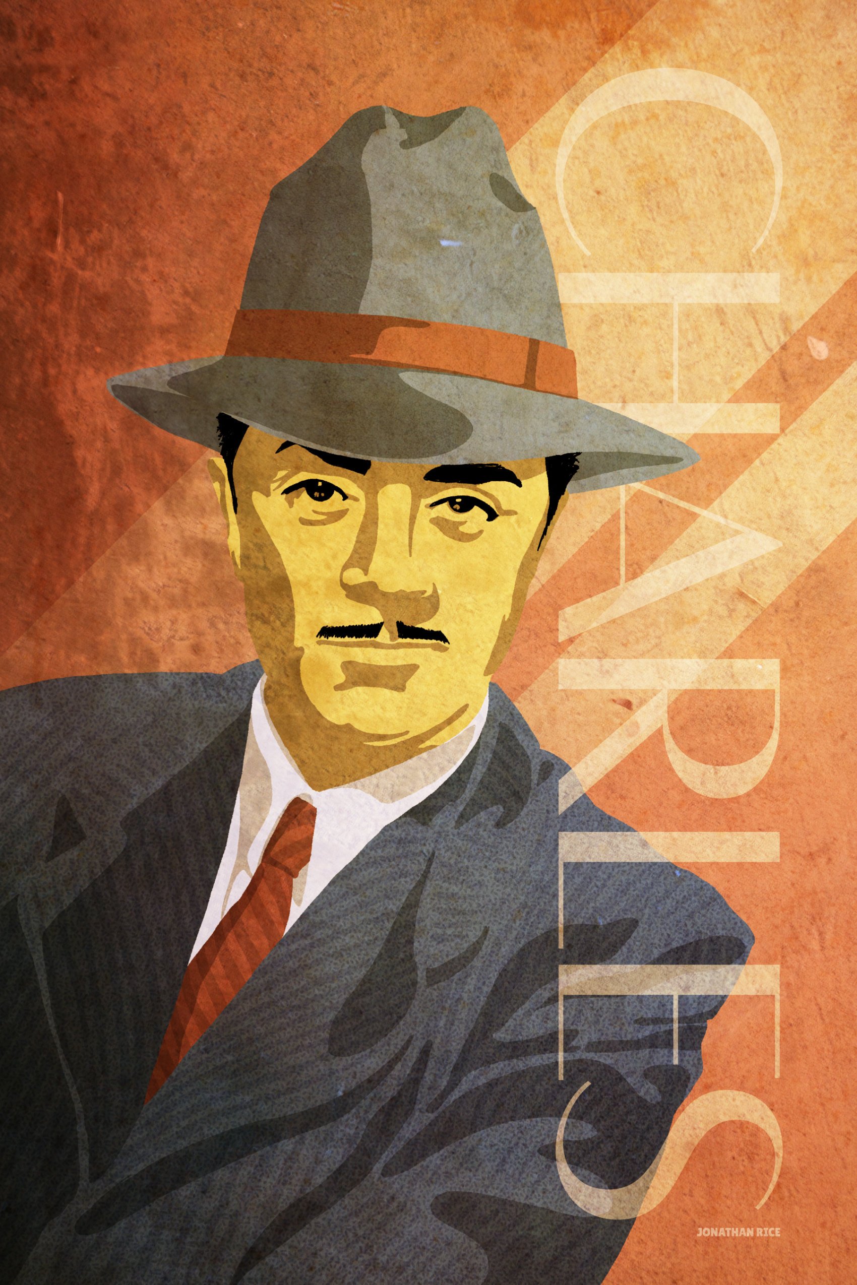 Illustrated portrait of Nick Charles as portrayed by William Powell in The Thin Man, vintage noir detective poster style with fedora and red tie