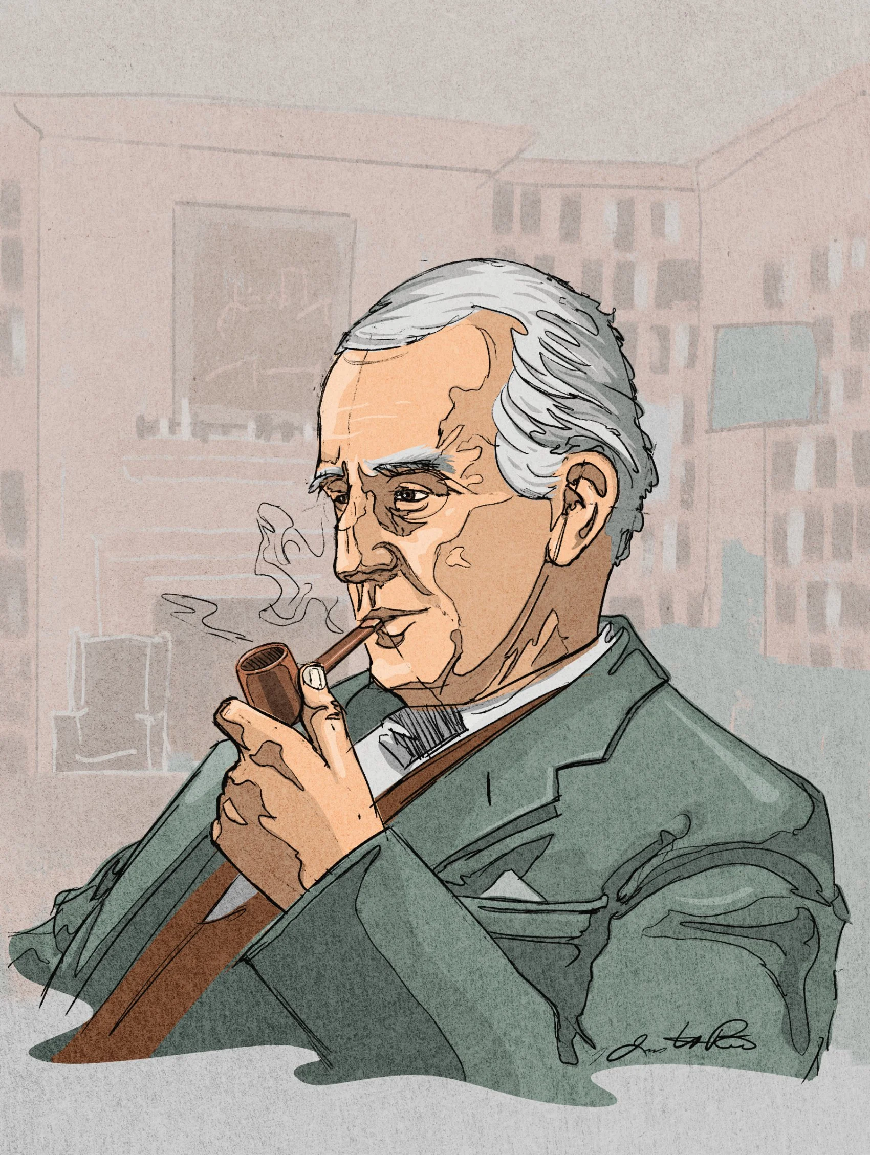 Digital portrait illustration of J.R.R. Tolkien rendered with expressive linework and layered color. The piece embraces the spontaneity of sketching while presenting a finished illustration that balances likeness, personality, and atmosphere.