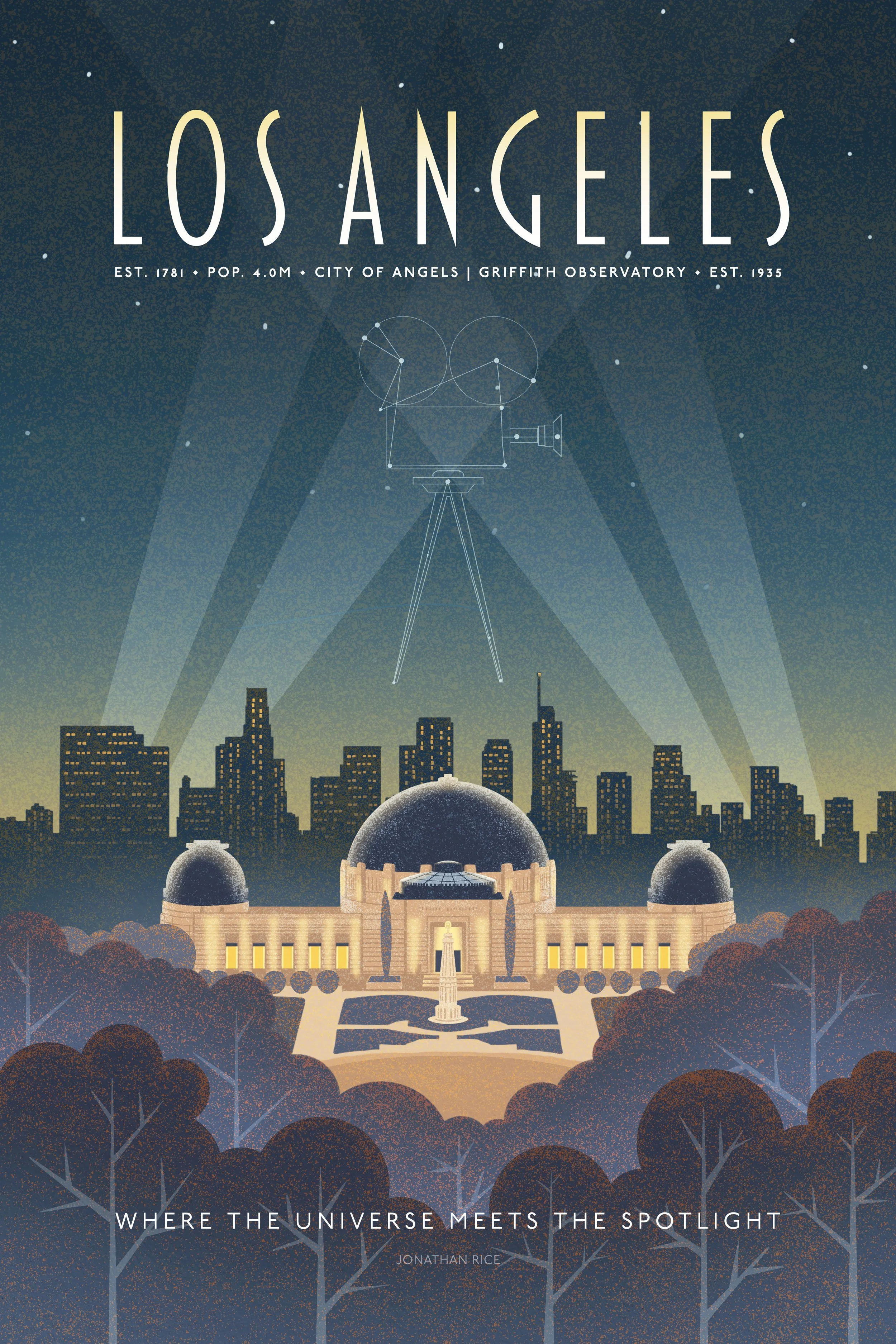 Illustrated Los Angeles travel poster showing Griffith Observatory at night with city skyline and a constellation forming a vintage movie camera in the sky. Retro Art Deco design with spotlights and starry sky.