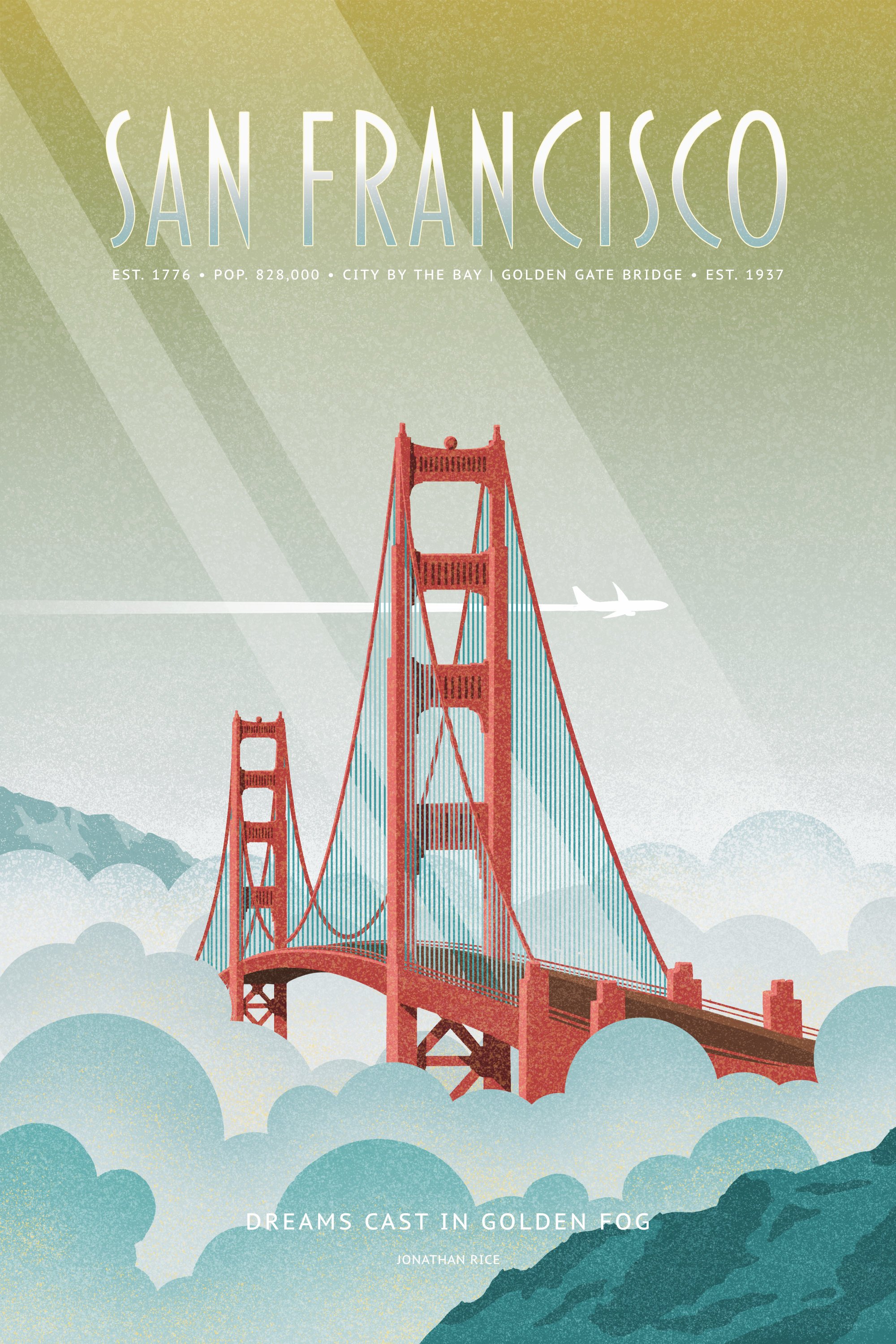 Illustrated travel poster featuring the Golden Gate Bridge rising out of soft blue and white fog, with sunlight streaking across a golden sky and a white jet flying above. The design has a retro, vintage texture and a mid-century modern style. 