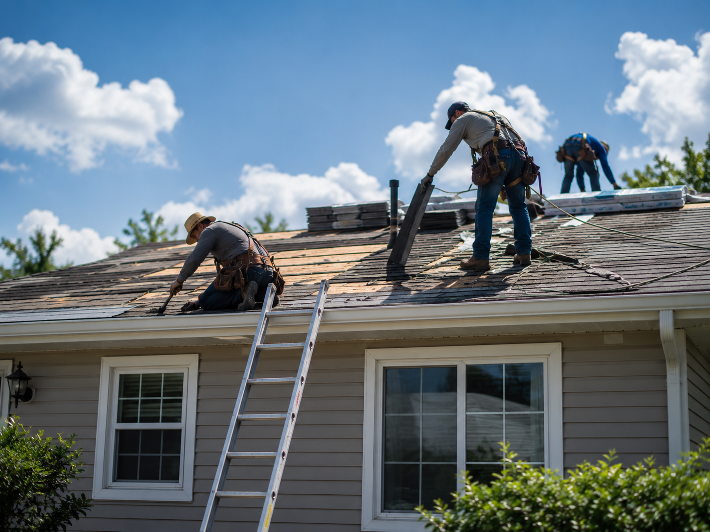 Two construction workers wearing safety gear installing a solar panel on a rooftop.