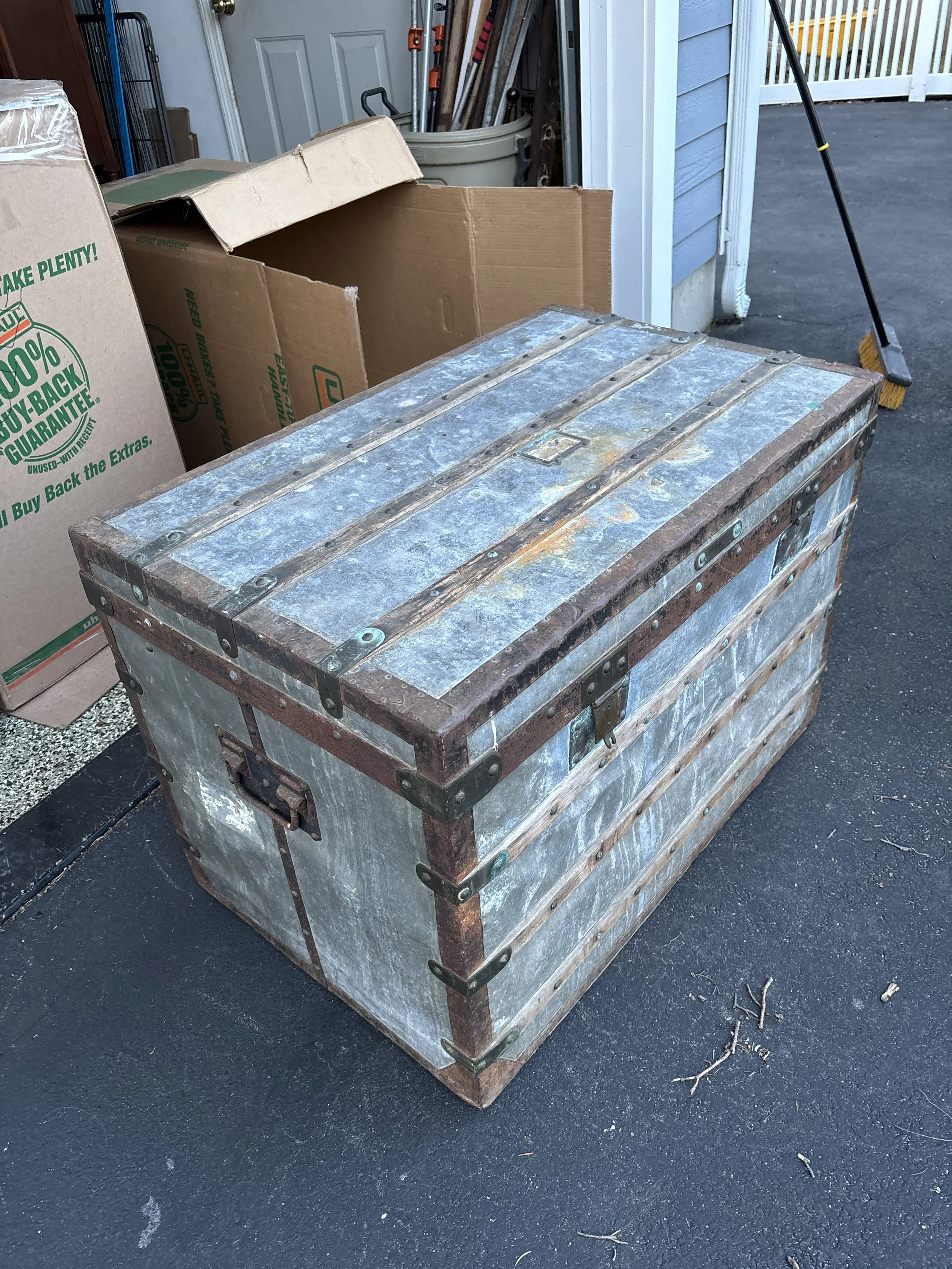 Rare Louis Vuitton Zinc Explorer's Trunk. Covered in Zinc with iron and brass hardware.