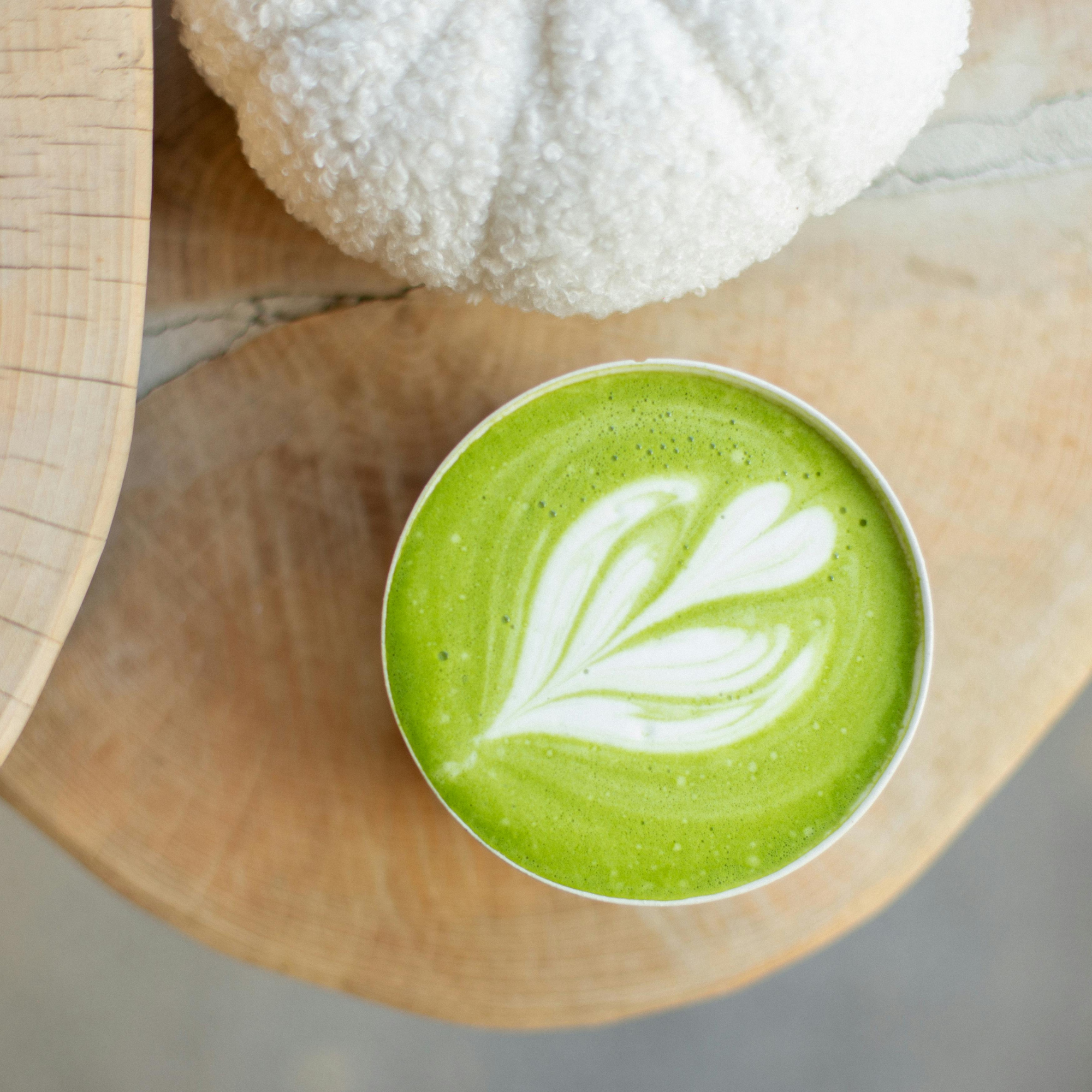 a green match latte viewed from above