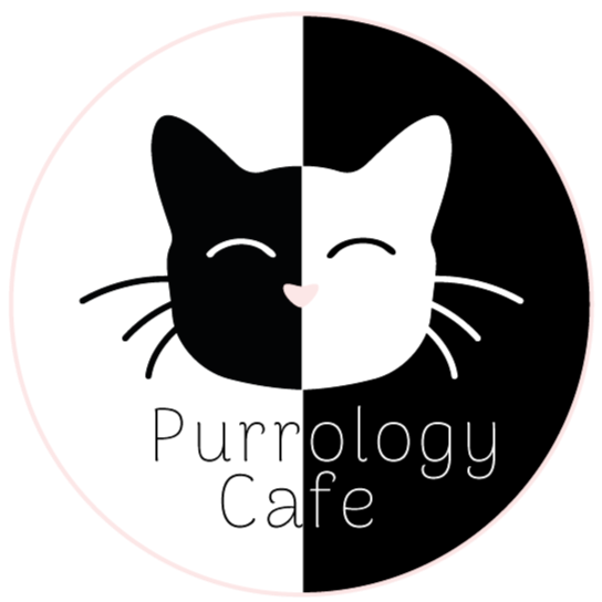 purrology cat cafe logo of a black and white cat with purrology cafe written below
