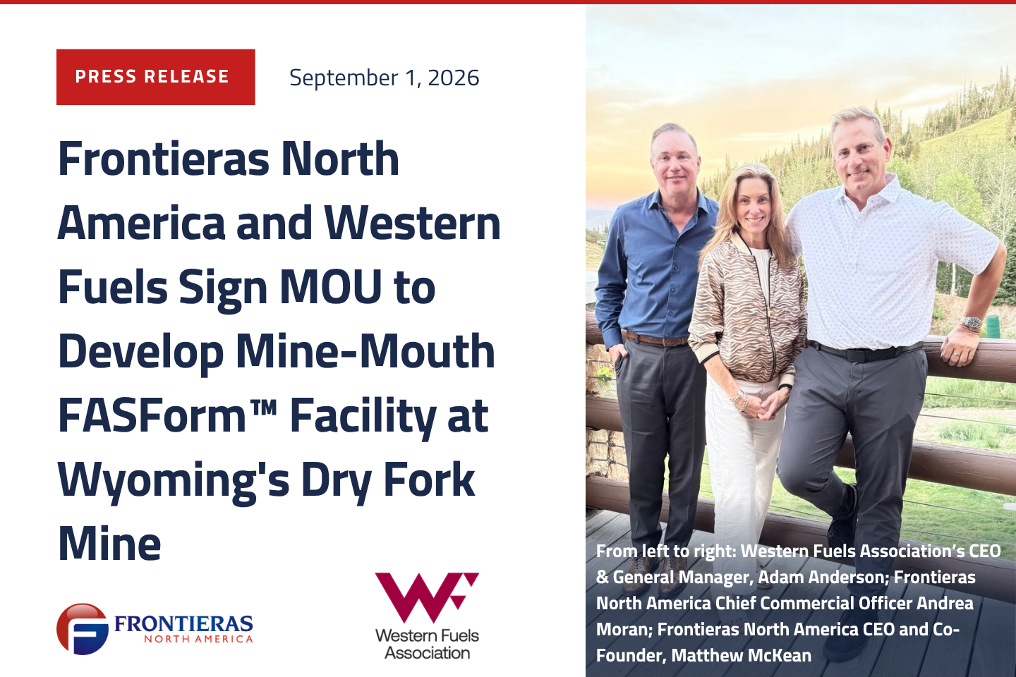 Frontieras North America and Western Fuels Sign MOU to Develop Mine-Mouth FASForm™ Facility at Wyoming's Dry Fork Mine