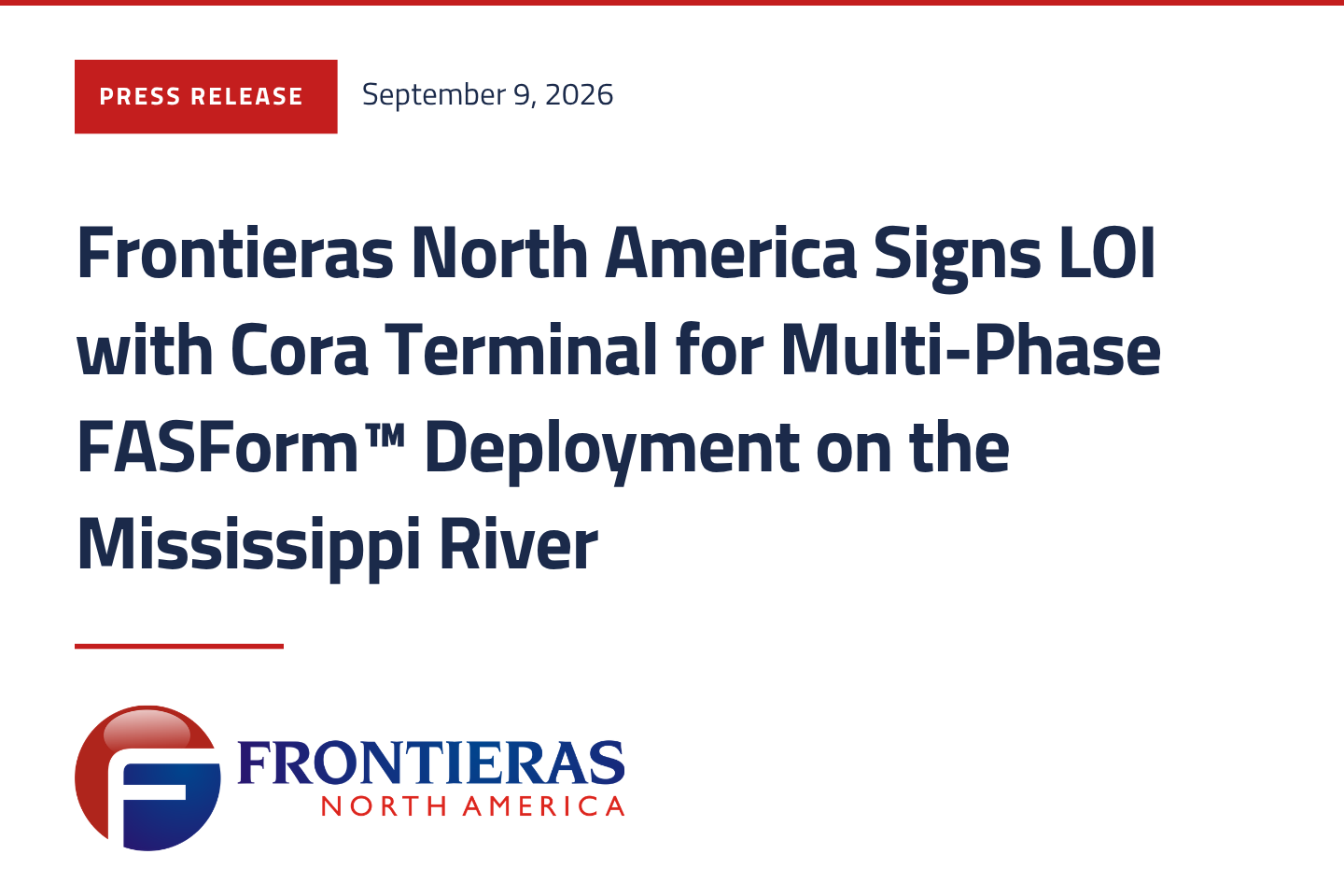 Frontieras North America Signs LOI with Cora Terminal for Multi-Phase FASForm™ Deployment on the Mississippi River
