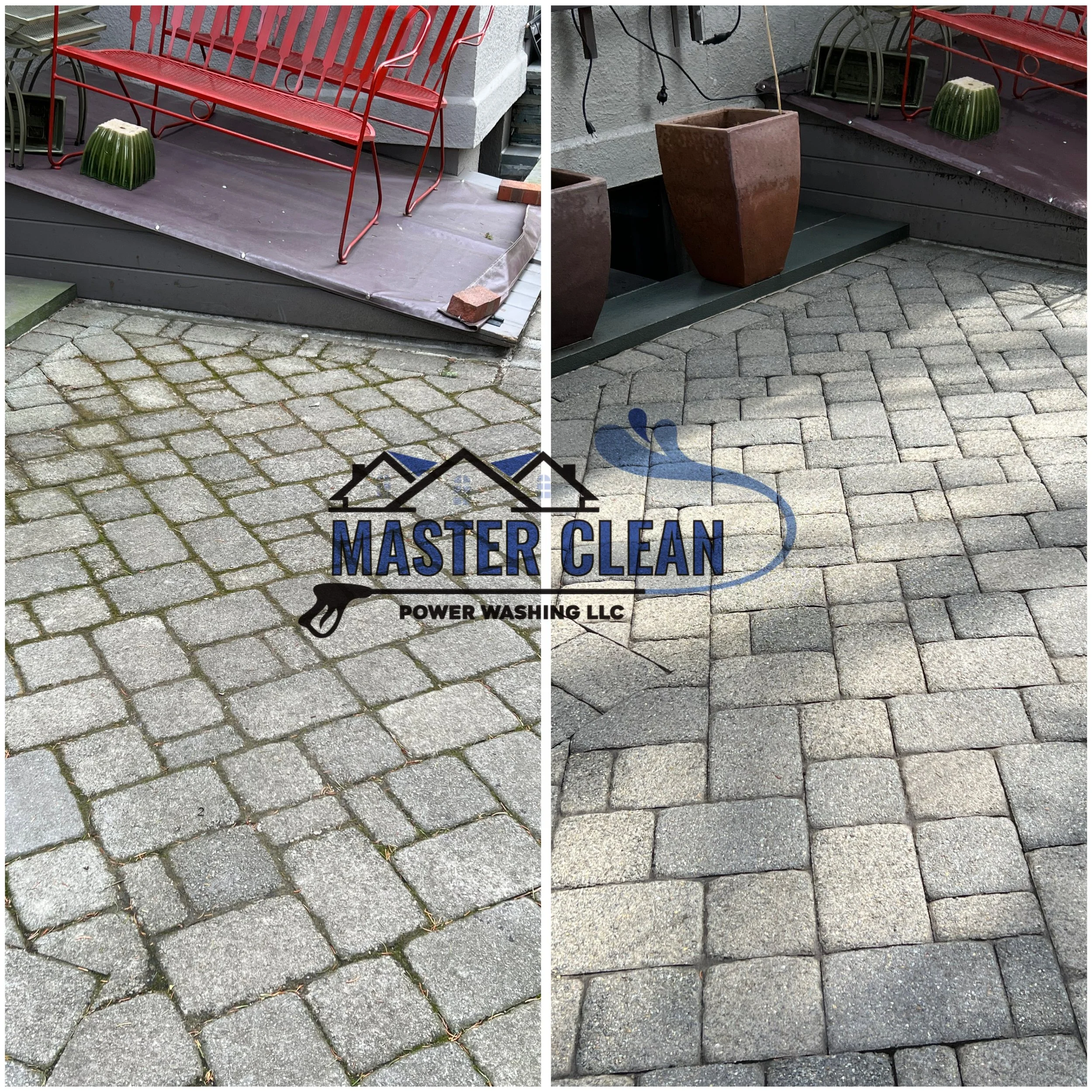 Side-by-side comparison of outdoor paving before and after cleaning. The left side shows a cobblestone pavement with moss and dirt; the right side displays a cleaner, lighter-colored brick paving. There is outdoor furniture and planters in the backgr