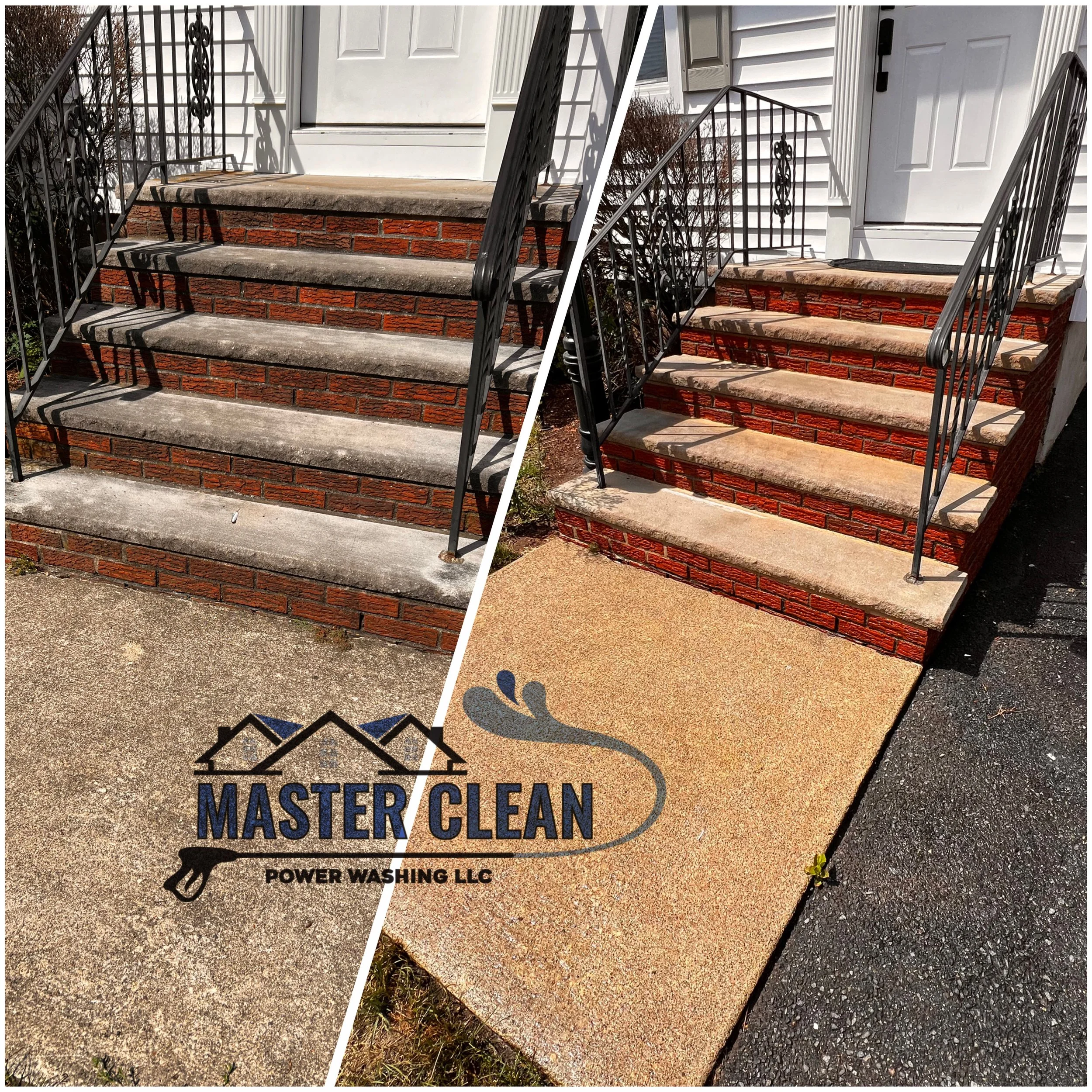 Comparison of two house entry steps before and after power washing, with a logo for Master Clean Power Washing LLC.