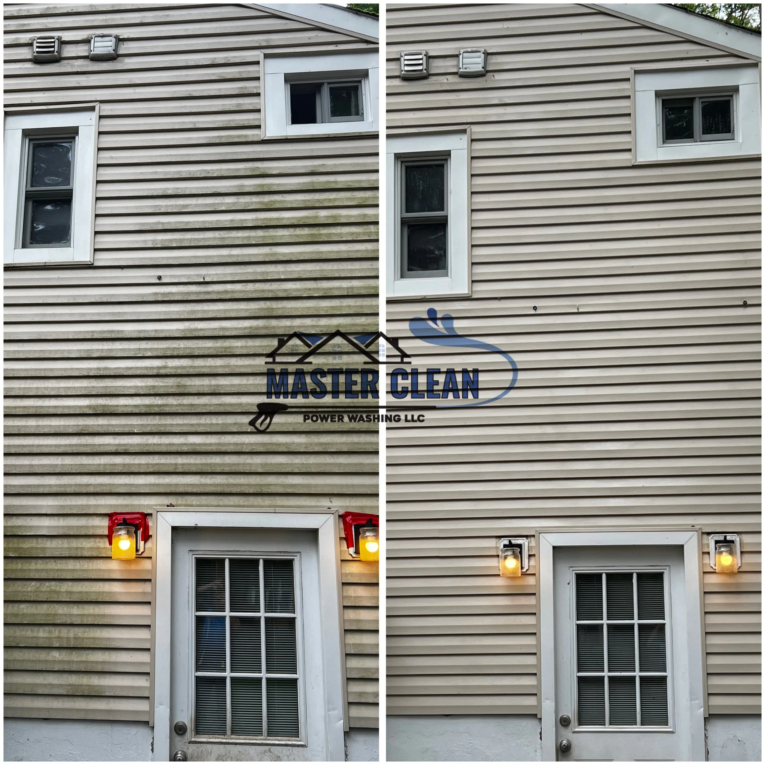 Comparison of house exterior before and after cleaning, showing improved appearance of siding, fixtures, and window area.