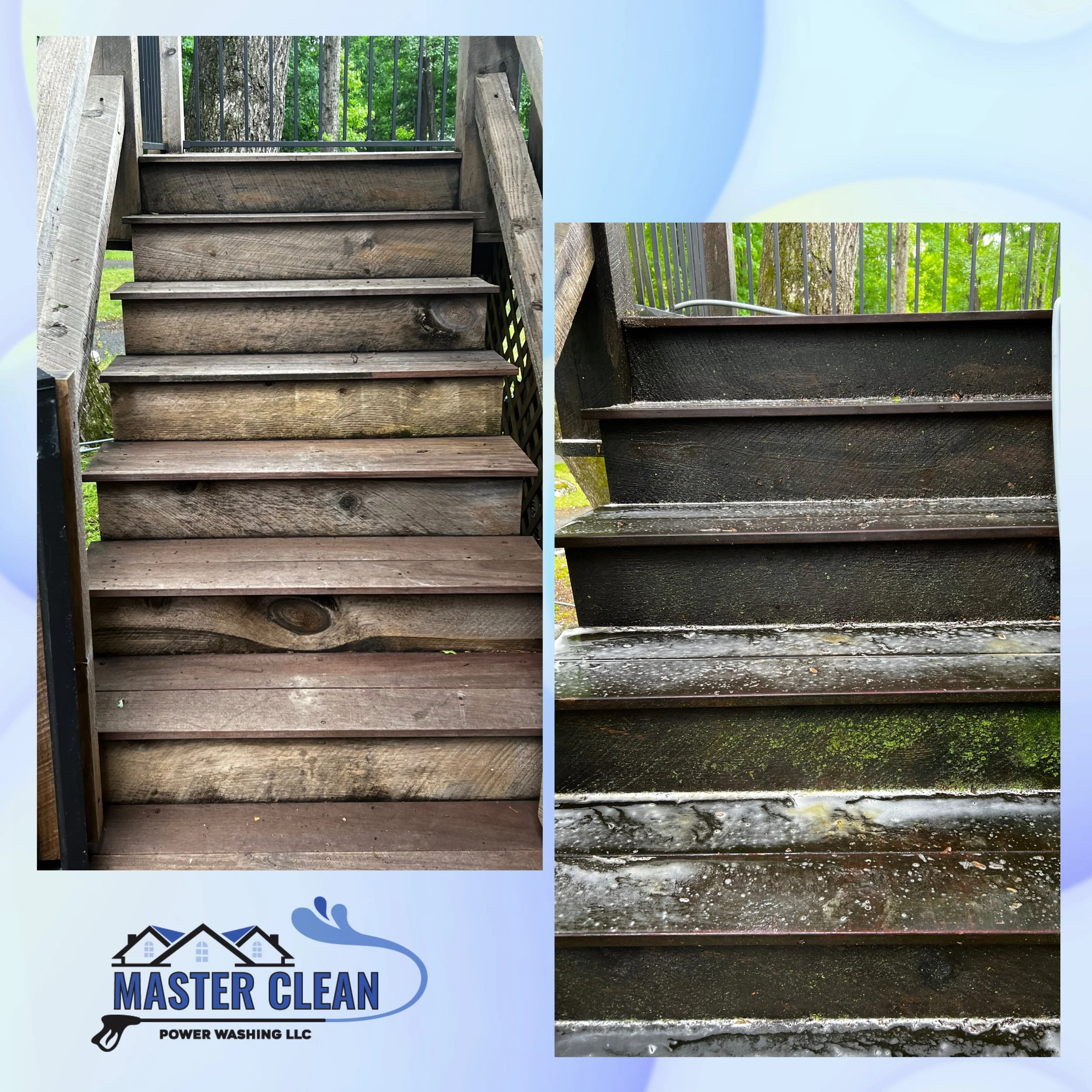 Comparison of outdoor wooden stairs before and after cleaning, with the left side showing dirty, weathered wood and the right side showing cleaned, blackened wood with moss and dirt removed.
