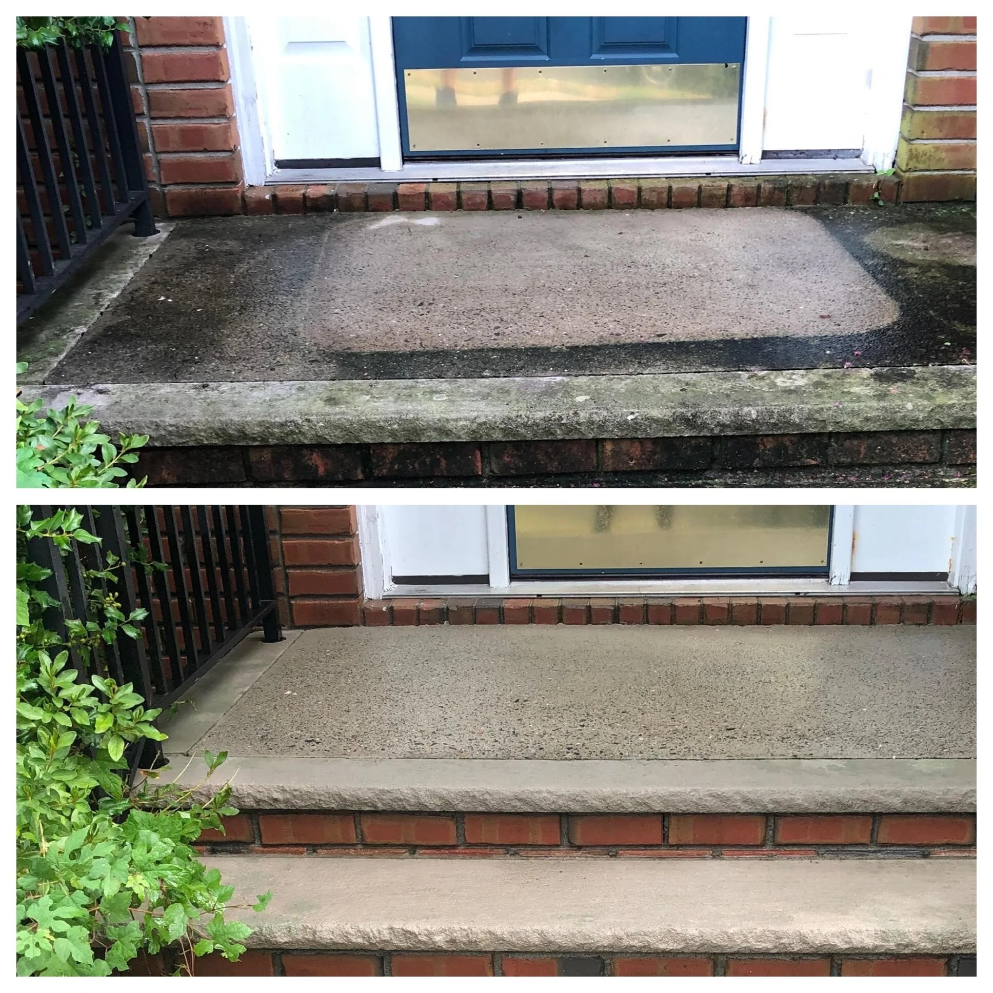 Progression of a porch step from a worn, dirty surface to a newly resurfaced, clean concrete step.