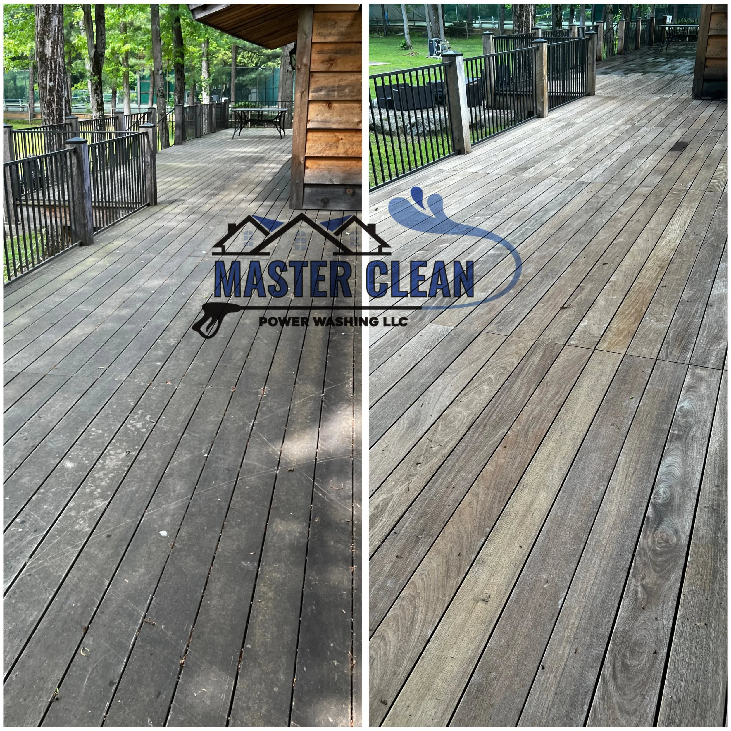 Comparison of a wooden deck before and after power washing. The left side shows a dirty, grimy surface, and the right side shows a clean, refreshed wood surface.