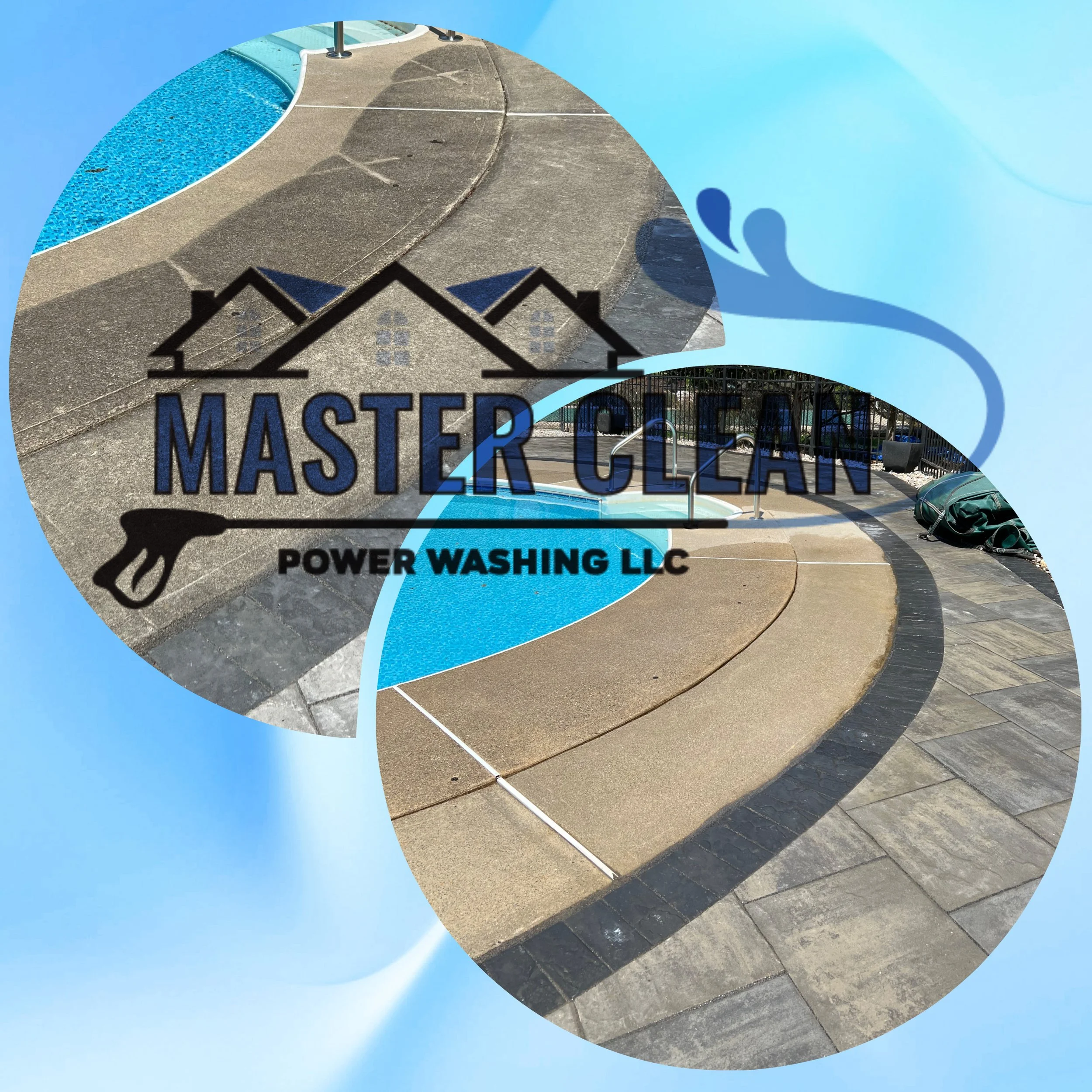 A logo for Master Clean Power Washing LLC overlaid on an image of a paved area and a swimming pool.