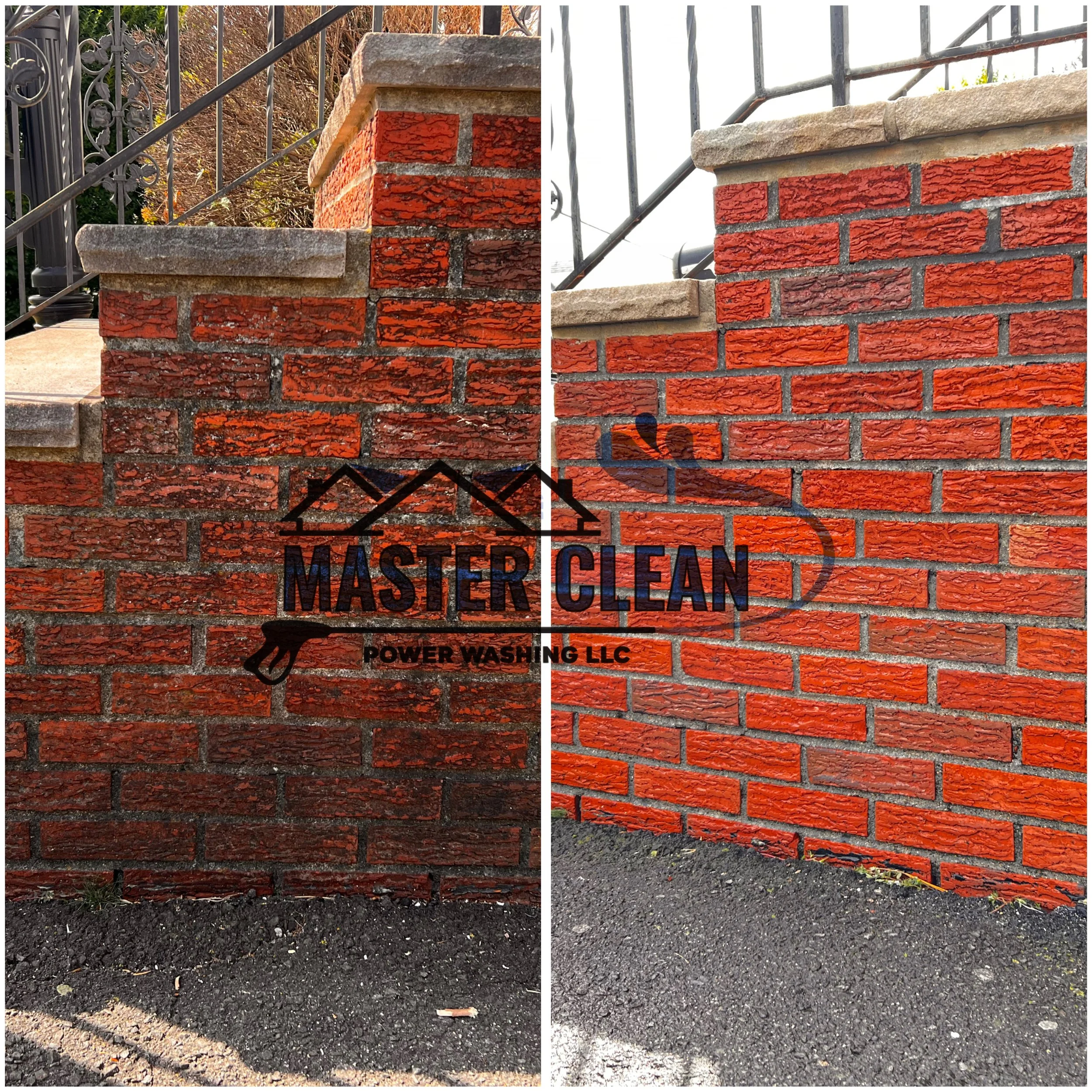 Comparison photo showing a brick wall before and after cleaning, with the cleaning service logo 'Master Clean Power Washing LLC' overlaid in the center.
