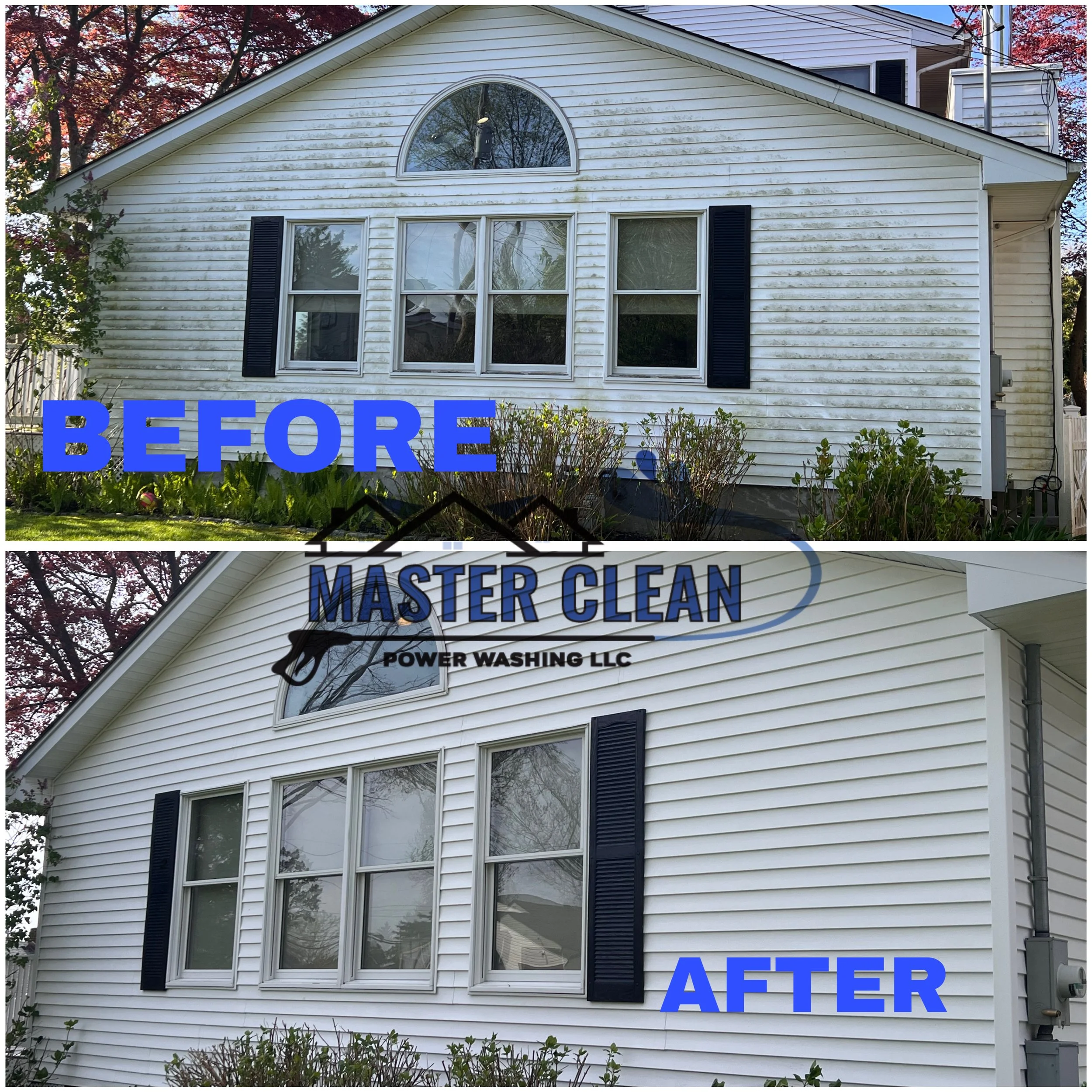 Side-by-side images showing house siding before and after power washing. The 'before' image shows dirty, stained white siding. The 'after' image shows clean, bright white siding.