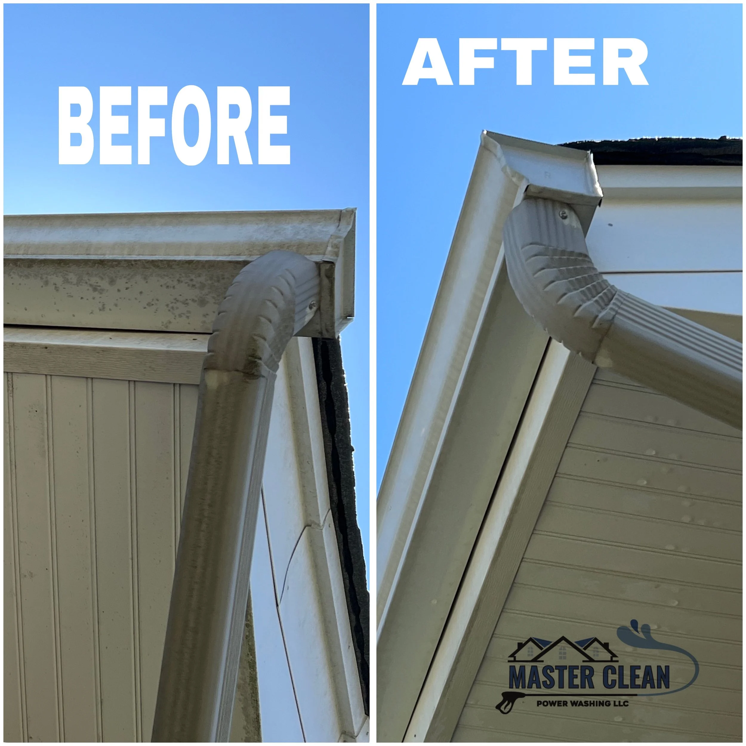 Comparison of a house gutter before and after cleaning. The 'before' side shows dirt and debris buildup, while the 'after' side shows a clean gutter. Logo of Master Clean Power Washing LLC at the bottom right.