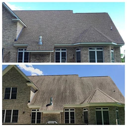 Comparison of two images showing the same brick house roof from different angles and lighting conditions.