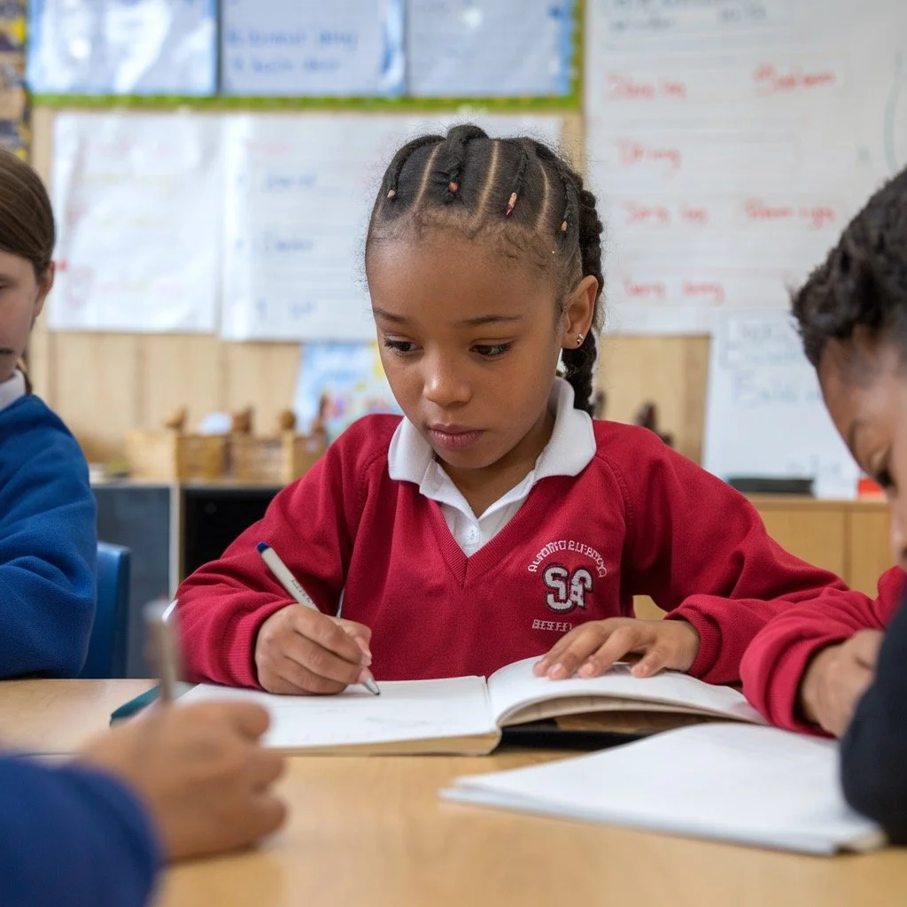 A young girl in a red school uniform is sitting at a desk, writing in a notebook with a pen, in a classroom setting.