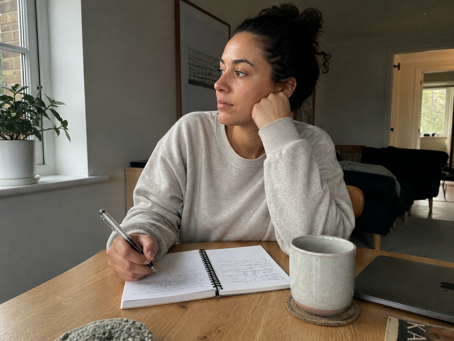 Person sitting at a table with a notebook, planning a career working in children’s mental health in the UK