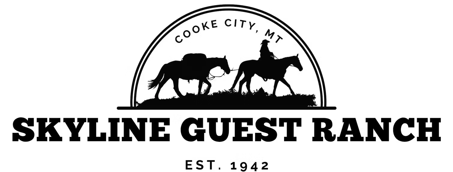 Black and white logo for Cooke City Montana, featuring two horses, one with a rider, in front of a circular border with the text "Cooke City, MT".