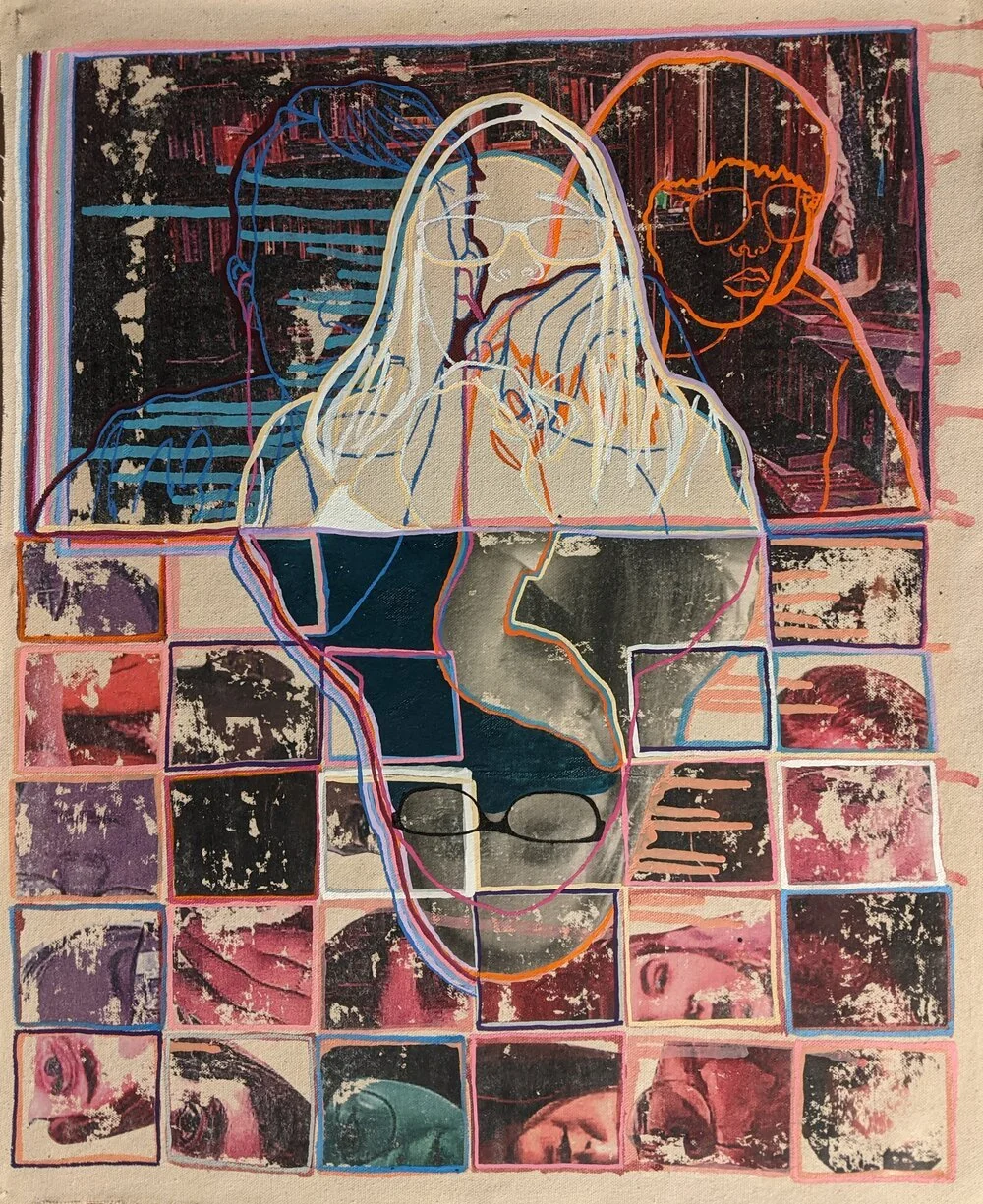Artwork by Patricia Kalidonis: An abstract, cacophonous artwork reminiscent of a group video conference call, with colorful overlapping lines and fragmented faces.