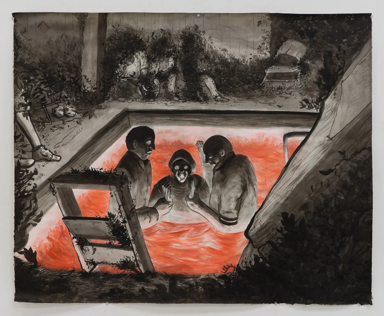 A drawing in grays and red by Jonathan Adams
