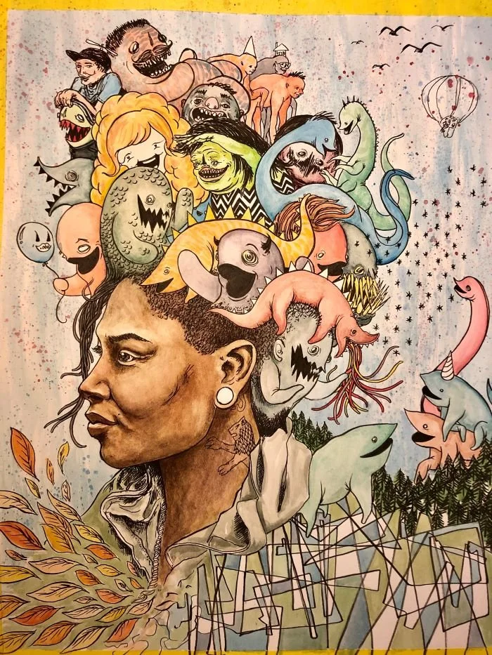 a portrait drawing of Angel Angel's with hair full of fantastical creatures