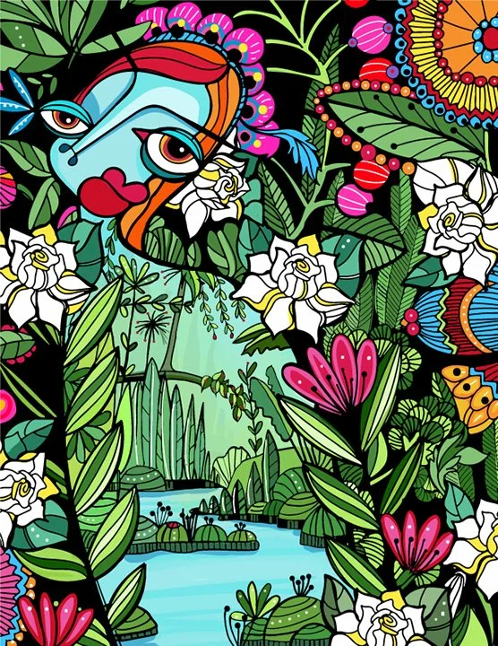 A fantastical, floral drawing rendered in vibrant colors, by Sandra Escobar