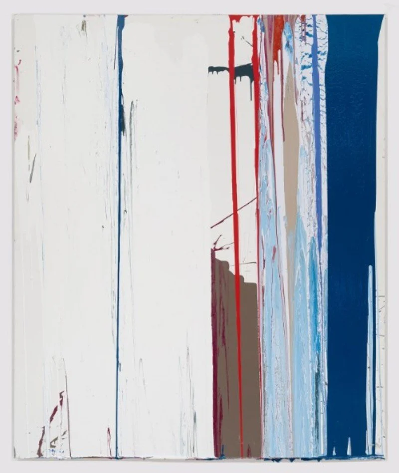 A minimalist abstract painting in blue, white, brown and red, by Michael Filan