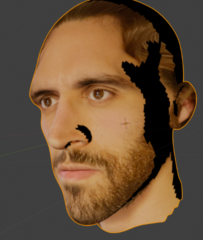 Joshua Greene head altered by digital drawing tools, placed on a grey background