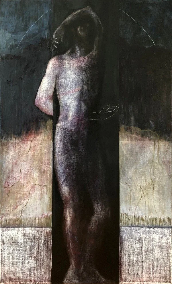 A painting in warm greys and brown on a man standing contrapposto