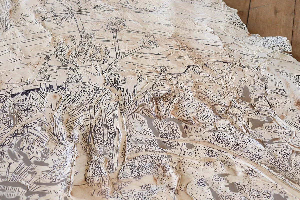 a drawing in thin black pen on textured paper shows abstracted floral imagery