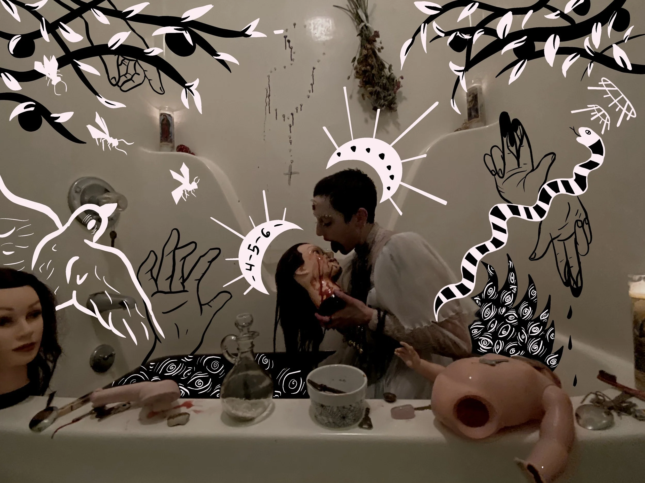 A photo of the artist sitting in a bathtub filled with black water, surrounded by doll parts.