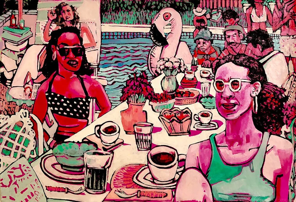 A painting rendered in bold pinks, oranges, and green showing a group of people eating poolside