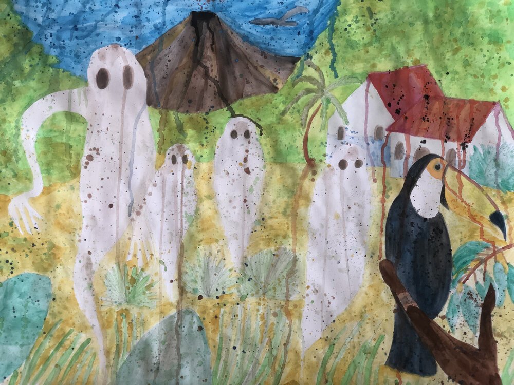 A surreal watercolor painting of a mountainous landscape. In the foreground are a small group of ghost-like creatures and a toucan.