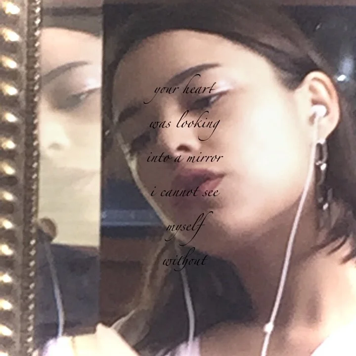 a selfie style portrait of the artist wearing earbuds. Overlayed atop the photo is a short peom