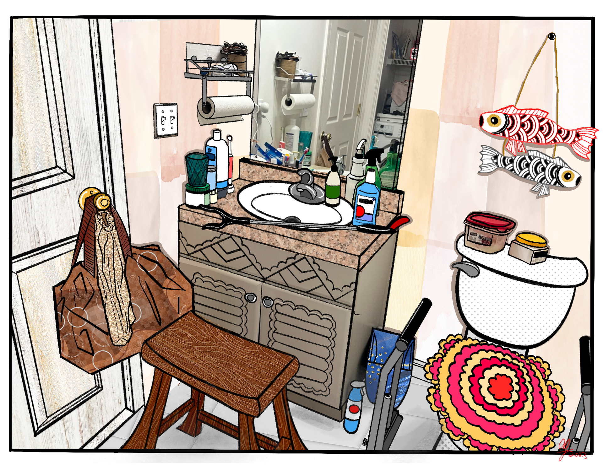 An abstract comic-style drawing of a bathroom displaying varying objects of access.