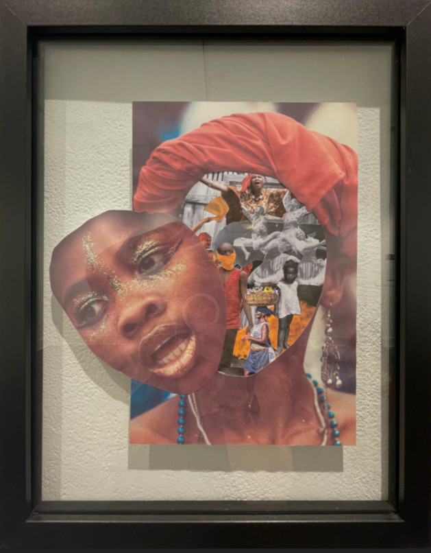 A multimedia collage of a Black woman in a black frame.