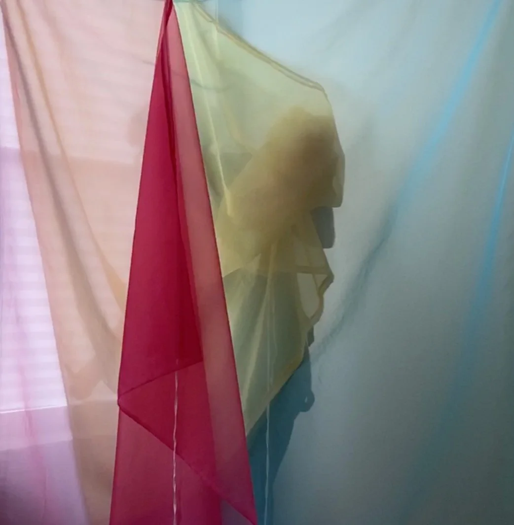 The faint silhouette of a woman behind ruffled layers of pink, yellow, and cyan organza