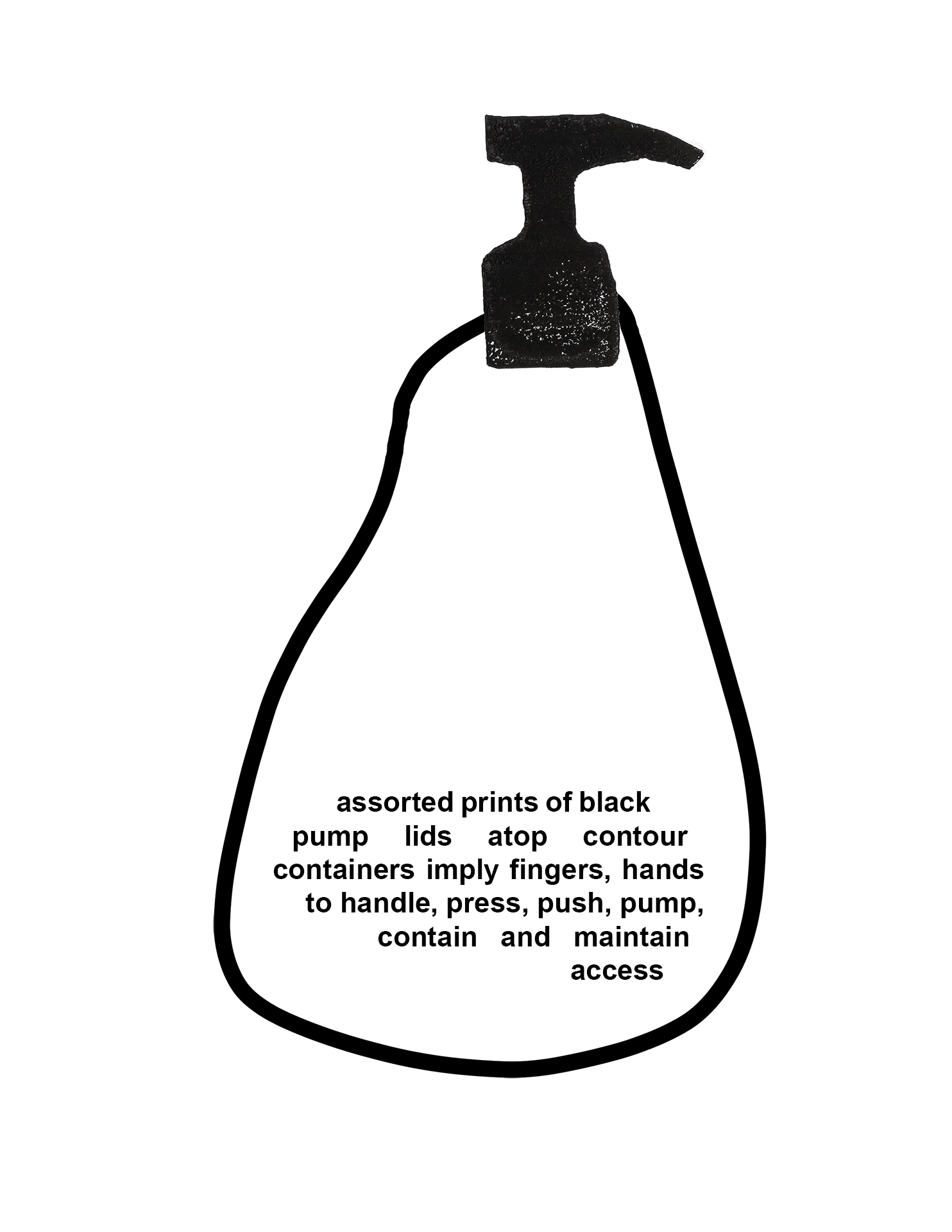 A black and white print of a tall container with bump in it's neck and a pump lid on top. Text inside reads, "assorted prints of black pump lids atop contour containers imply fingers, hands to handle, press, push, pump, contain and maintain access ".