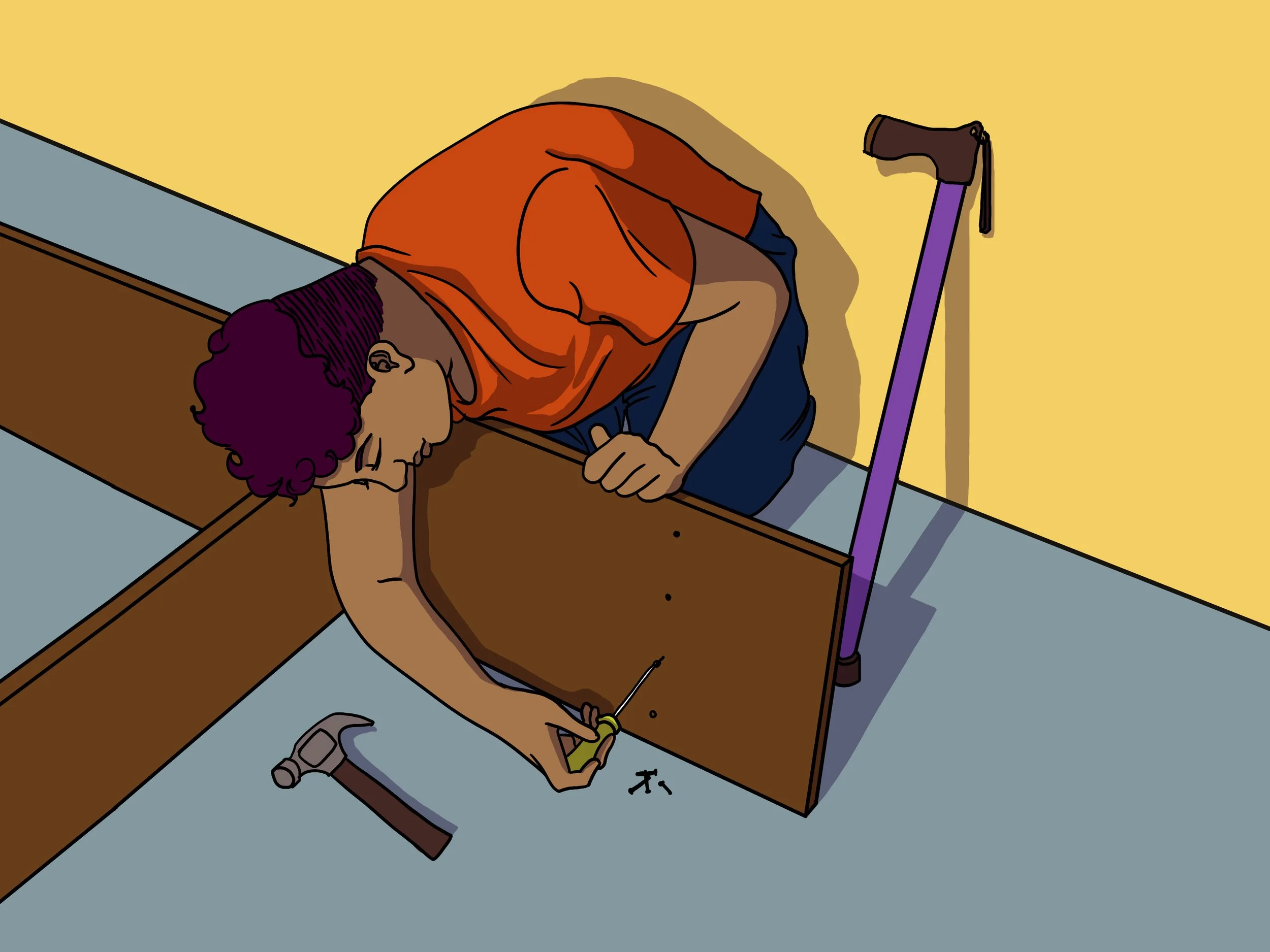 A Black woman with short, curly hair kneels on the floor, using a yellow screwdriver to fasten nails into a partially constructed bookcase.