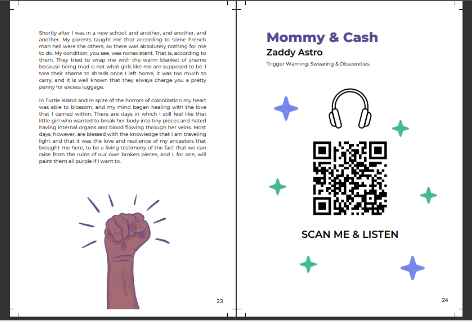 A screenshot of the inside of the printed anthology, that includes text and bar codes for audio pieces.