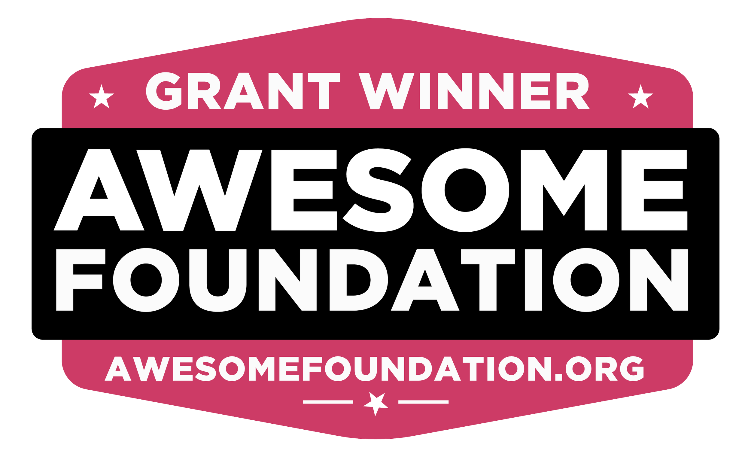 A red and black badge says "Grant Winner, Awesome Foundation" with the awesomefoundation.org url.