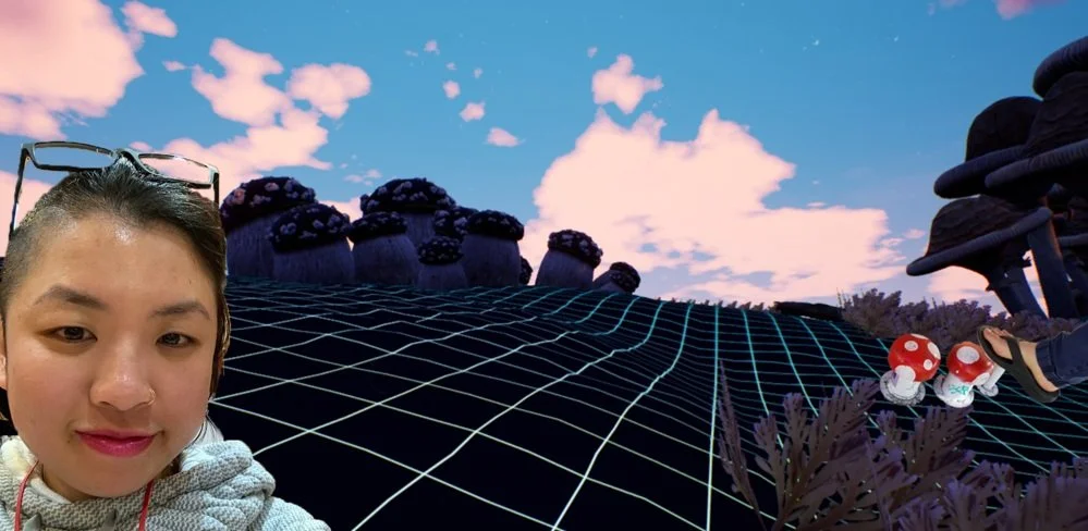 Image of the artist with a photo from "An Immersive Game of Life" installation behind her.