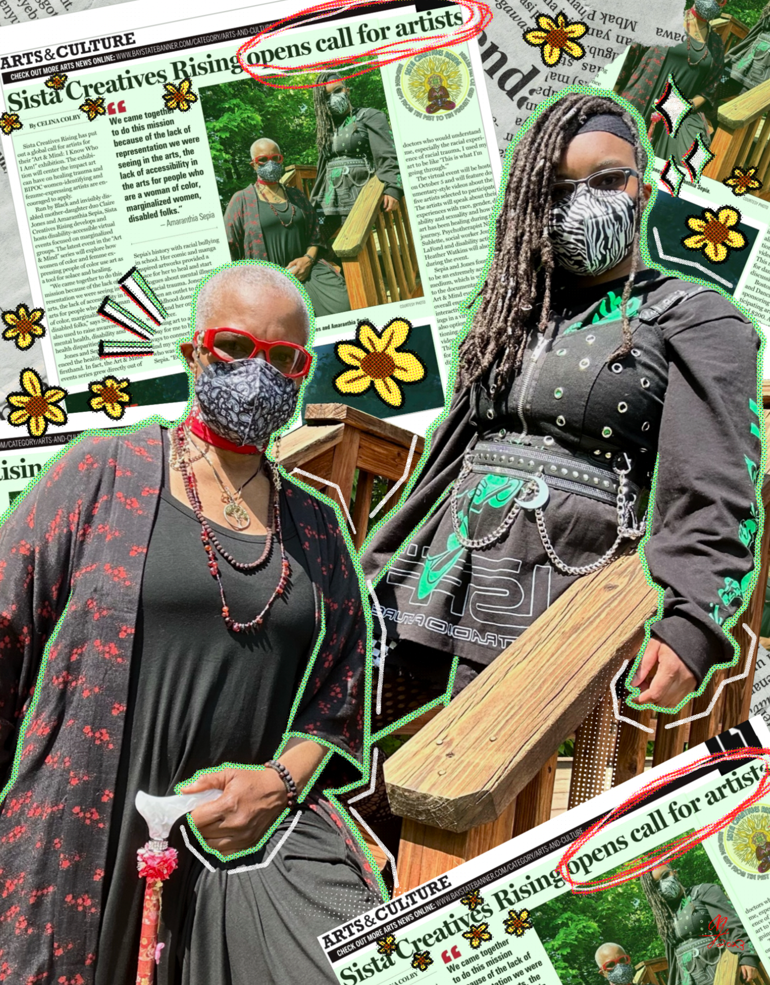 A digital collage of two black women, one older with a shaved head and one younger with long black locs. The backround is layered with a newspaper article featuring the two women.