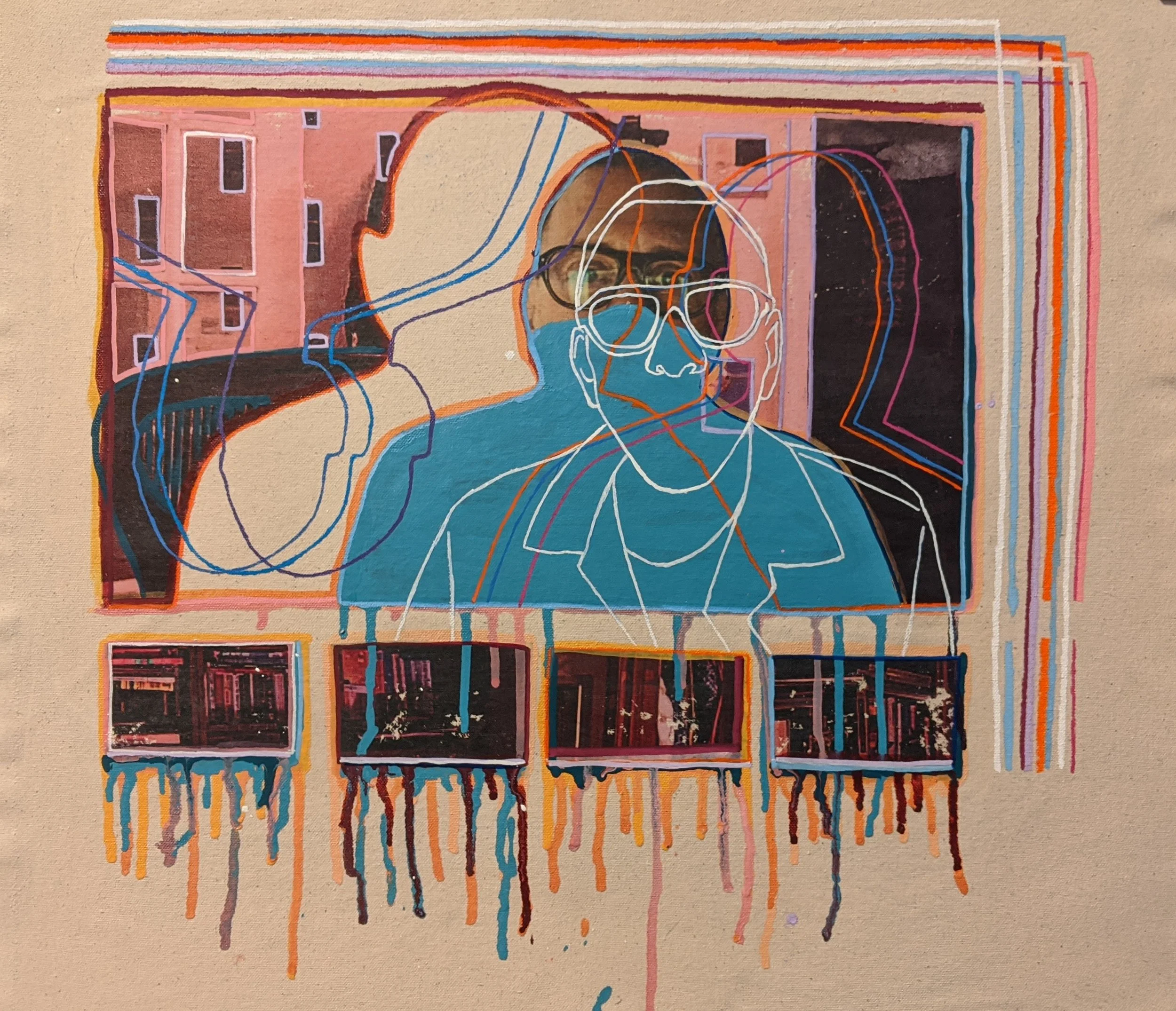 Remote Connection No. 6 | An abstracted portrait of a Zoom conversation in vivid colors and overlapping ghost lines.