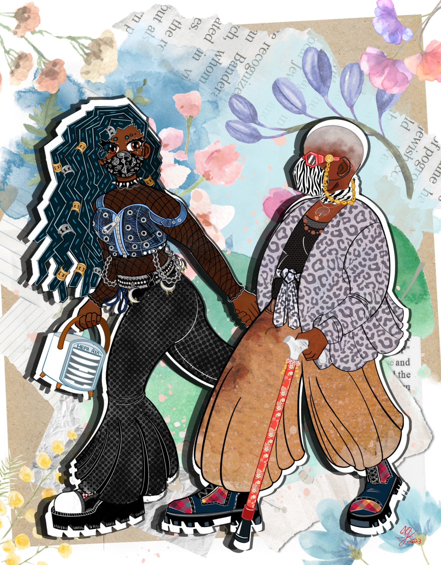 A digital cartoon drawing of two Black women sits on top of a digital collage of newspaper, watercolor splotches of blues, greens, and torn brown and white paper.