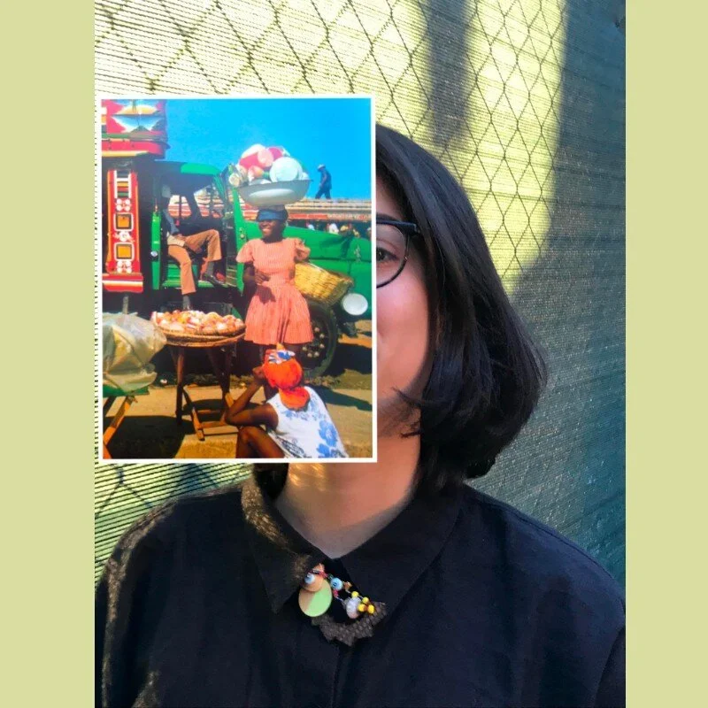 A self-portrait of the artist, with an image of a painting overlaid across the photo of her face.