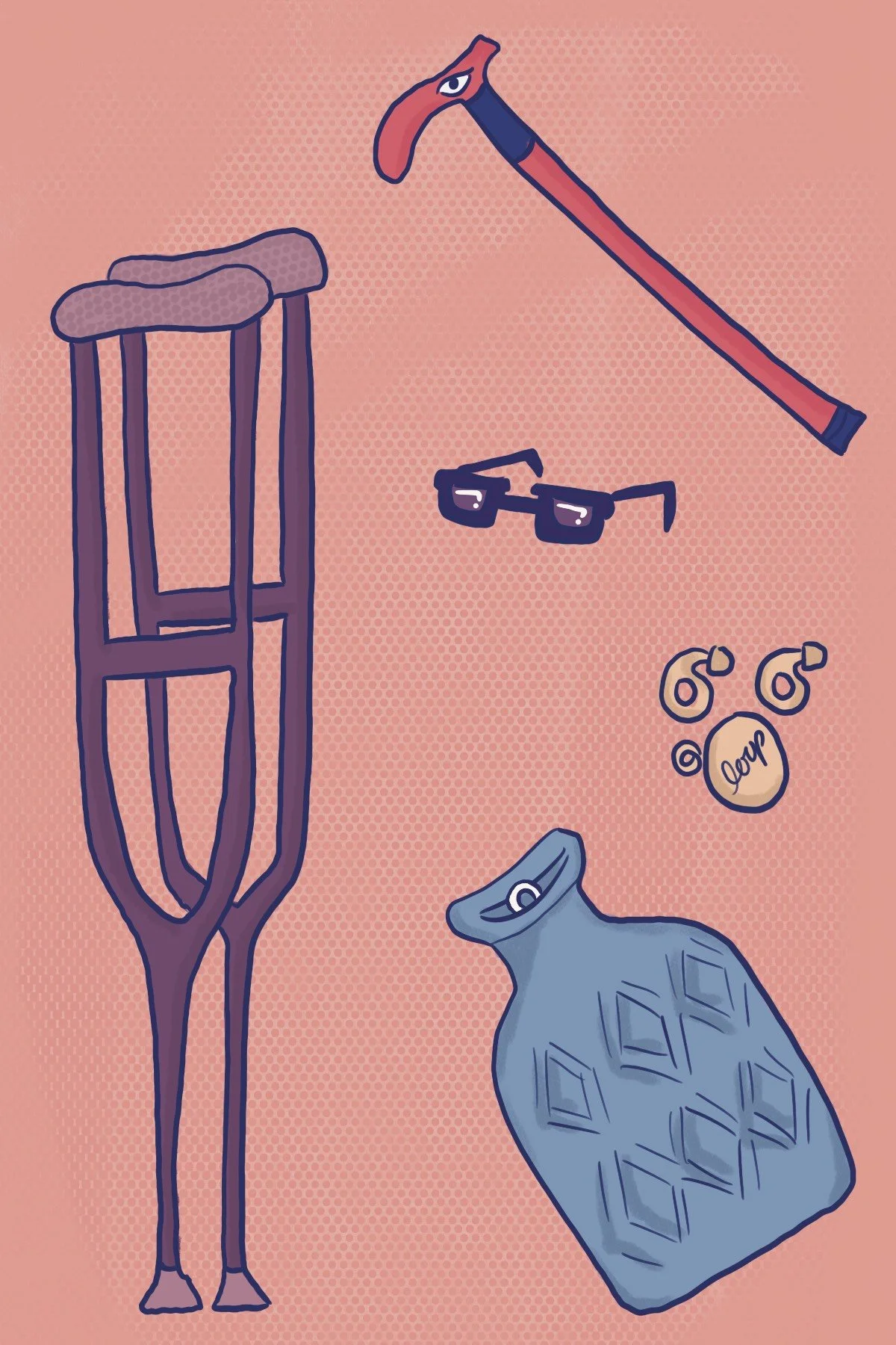 A cartoony illustration of floating objects on a pink background: crutches, a cane, sunglasses, ear plugs, and a heat pad.